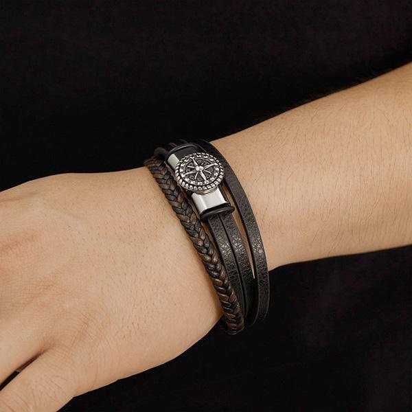 《 QBOX 》FASHION 飾品【L25N1635】 精緻個性「聖芒守護」十字架編織皮革鈦鋼磁扣頭手鍊/手環-細節圖11