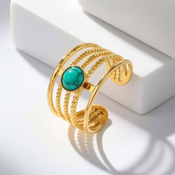 《 QBOX 》FASHION 飾品【GRC-916G】精緻個性多層次金色線條綠松石開口戒指鈦鋼戒指/戒環-細節圖4
