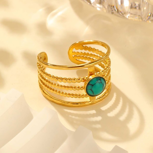 《 QBOX 》FASHION 飾品【GRC-916G】精緻個性多層次金色線條綠松石開口戒指鈦鋼戒指/戒環-細節圖5