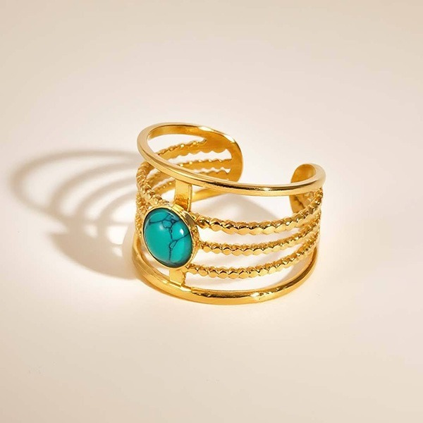 《 QBOX 》FASHION 飾品【GRC-916G】精緻個性多層次金色線條綠松石開口戒指鈦鋼戒指/戒環-細節圖6