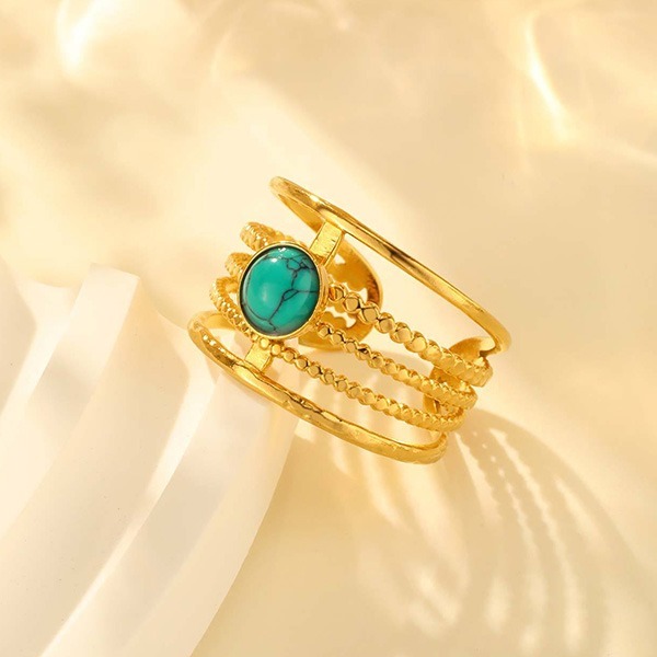 《 QBOX 》FASHION 飾品【GRC-916G】精緻個性多層次金色線條綠松石開口戒指鈦鋼戒指/戒環-細節圖7