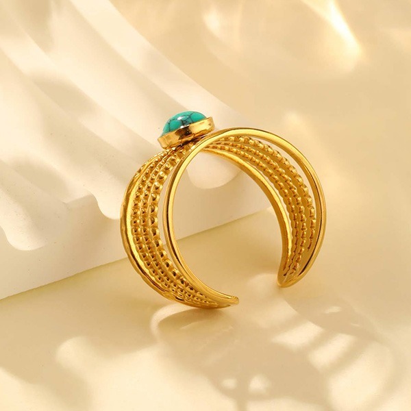 《 QBOX 》FASHION 飾品【GRC-916G】精緻個性多層次金色線條綠松石開口戒指鈦鋼戒指/戒環-細節圖8