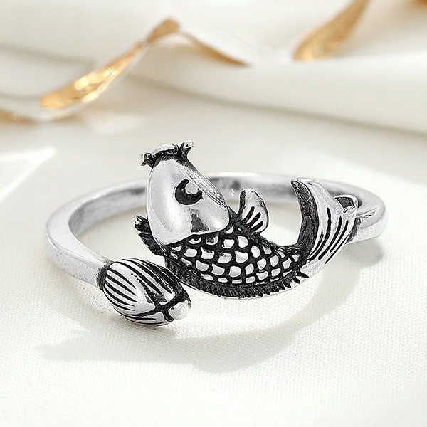 《 QBOX 》FASHION 飾品【RF214】精緻個性復古「魚戲蓮間」錦鯉魚S925純銀開口戒指/戒環-細節圖4