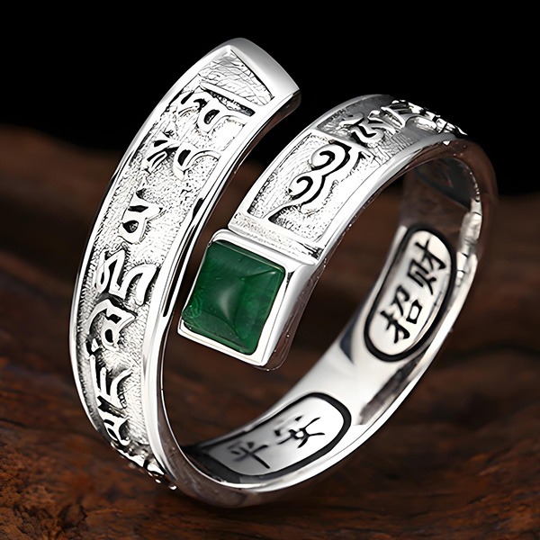 《 QBOX 》FASHION 飾品【TSR59572】精緻個性「平安招財」六字真言方玉石S925純銀開口戒指/戒環-細節圖4