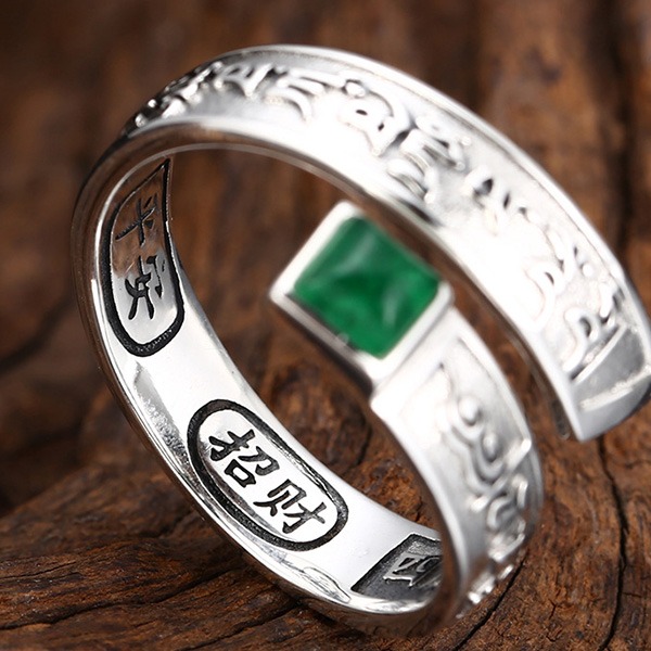 《 QBOX 》FASHION 飾品【TSR59572】精緻個性「平安招財」六字真言方玉石S925純銀開口戒指/戒環-細節圖5