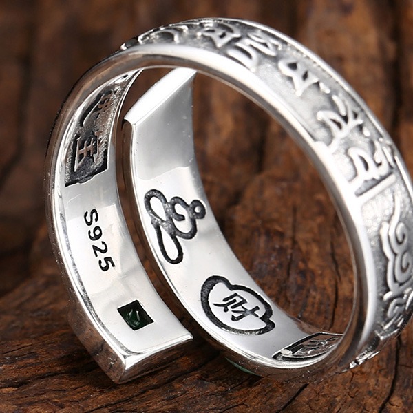 《 QBOX 》FASHION 飾品【TSR59572】精緻個性「平安招財」六字真言方玉石S925純銀開口戒指/戒環-細節圖6