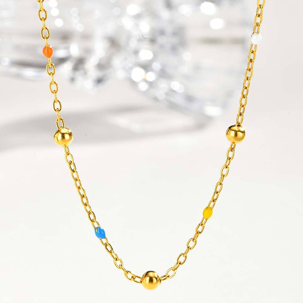 《 QBOX 》FASHION 飾品【GNC-2410G】精緻秀氣「繽紛星點」金色鋼珠彩點鈦鋼項鍊/鎖骨鍊-細節圖3