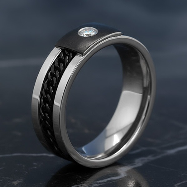 《 QBOX 》FASHION 飾品【R5916004】精緻個性「鎖鏈之絆」方形鑲鑽鈦鋼戒指/戒環-細節圖4