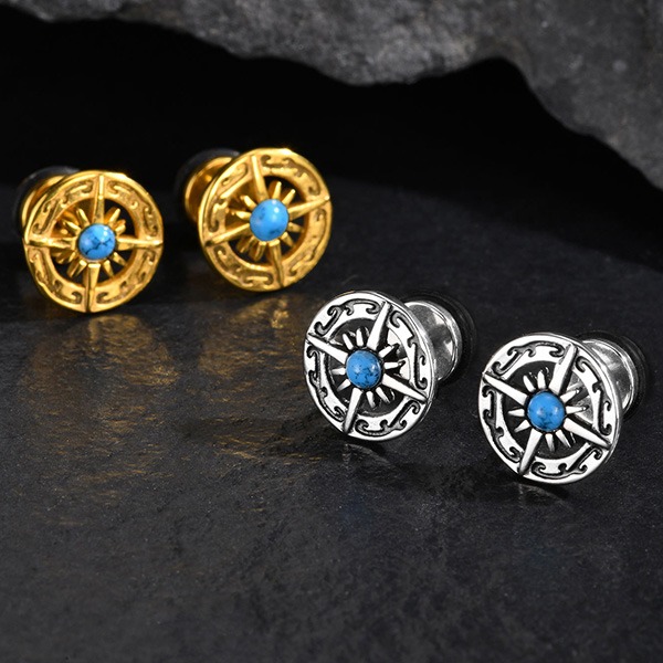 《 QBOX 》FASHION 飾品【GES-679】精緻個性復古「星芒羅盤」綠松石鈦鋼耳環/耳飾-細節圖3