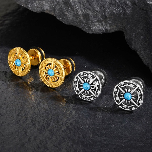 《 QBOX 》FASHION 飾品【GES-679】精緻個性復古「星芒羅盤」綠松石鈦鋼耳環/耳飾-細節圖4