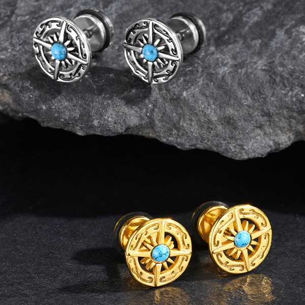 《 QBOX 》FASHION 飾品【GES-679】精緻個性復古「星芒羅盤」綠松石鈦鋼耳環/耳飾-細節圖5