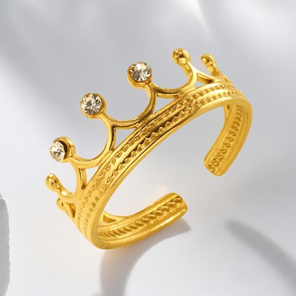 《 QBOX 》FASHION 飾品【GRC-917】精緻個性璀璨皇冠」金色鑲鑽鈦鋼開口戒指/戒環-細節圖4