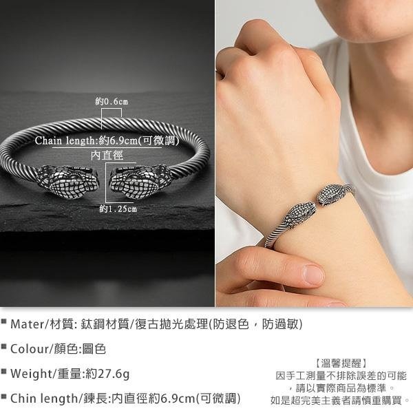 《 QBOX 》FASHION 飾品【BBRG-046】 精緻個性立體霸氣雙蛇頭扭紋鈦鋼開口手鐲/手環-細節圖2