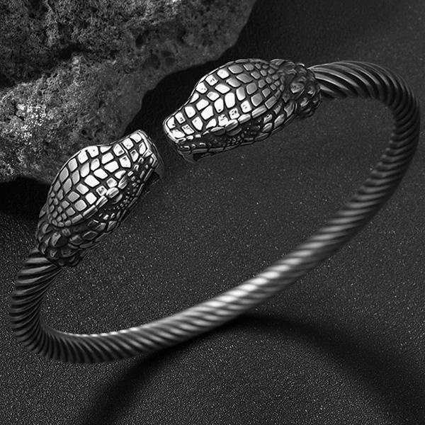 《 QBOX 》FASHION 飾品【BBRG-046】 精緻個性立體霸氣雙蛇頭扭紋鈦鋼開口手鐲/手環-細節圖5