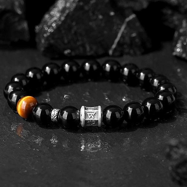 《QBOX 》FASHION 飾品【SB23102】 精緻個性純銀六字箴言轉運珠黑曜石虎眼石串珠手鍊/手環-細節圖3