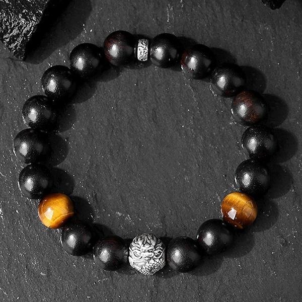 《QBOX 》FASHION 飾品【SB23113】 精緻個性復古純銀龍曜珠黑檀木虎眼石串珠手鍊/手環-細節圖5