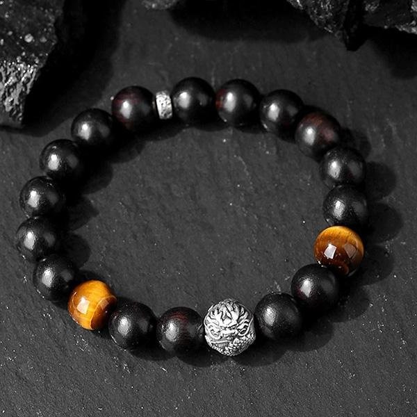 《QBOX 》FASHION 飾品【SB23113】 精緻個性復古純銀龍曜珠黑檀木虎眼石串珠手鍊/手環-細節圖6