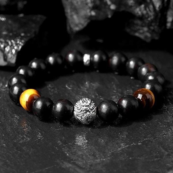 《QBOX 》FASHION 飾品【SB23113】 精緻個性復古純銀龍曜珠黑檀木虎眼石串珠手鍊/手環-細節圖3