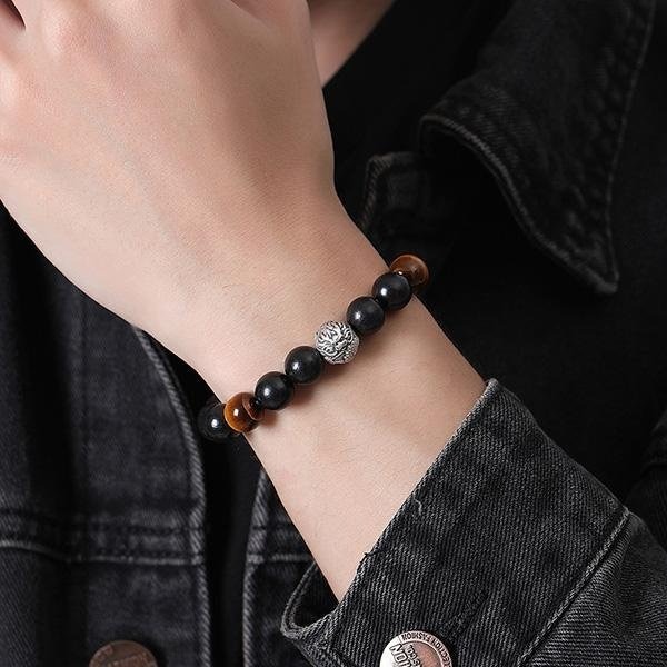 《QBOX 》FASHION 飾品【SB23113】 精緻個性復古純銀龍曜珠黑檀木虎眼石串珠手鍊/手環-細節圖7
