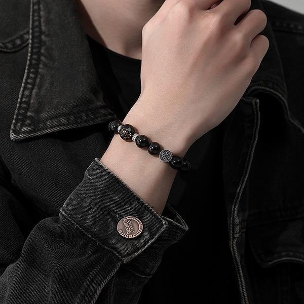 《QBOX 》FASHION 飾品【SB23088】 精緻個性純銀圓牌十字檀珠黑曜石串珠手鍊/手環-細節圖7