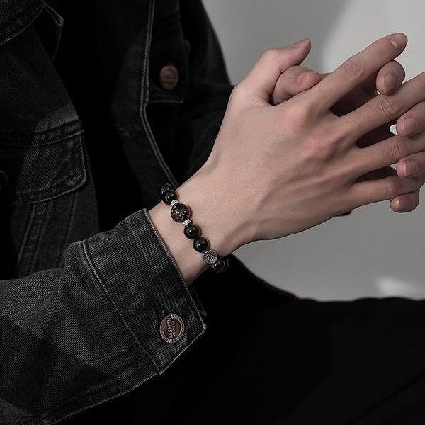 《QBOX 》FASHION 飾品【SB23088】 精緻個性純銀圓牌十字檀珠黑曜石串珠手鍊/手環-細節圖8