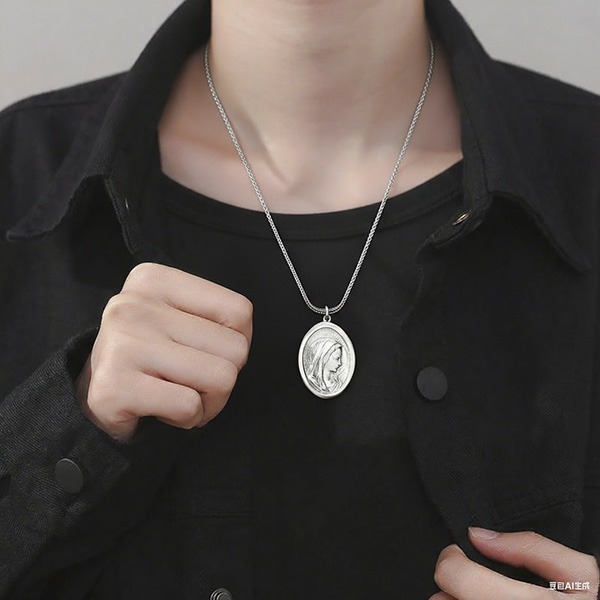 《 QBOX 》FASHION 飾品【C21121S70】精緻個性復古聖母瑪利亞頭像純銀項鍊/泰銀吊墜-細節圖9