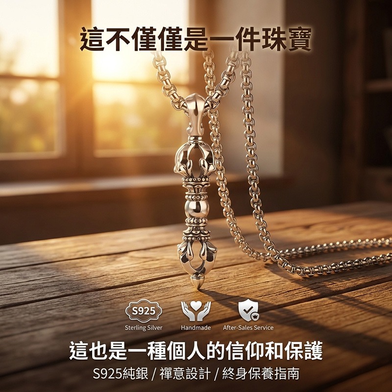 【聖力護持】藏傳法器金剛杵S925純銀吊墜｜拋光防過敏不掉色信仰守護中性男女百搭項鍊【C349S49】-細節圖8
