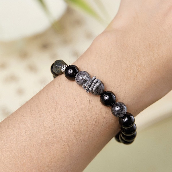 《QBOX 》FASHION 飾品【SB24731】 精緻個性純銀墨蛇纏繞黑曜石黑髮晶串珠手鍊/手環-細節圖9