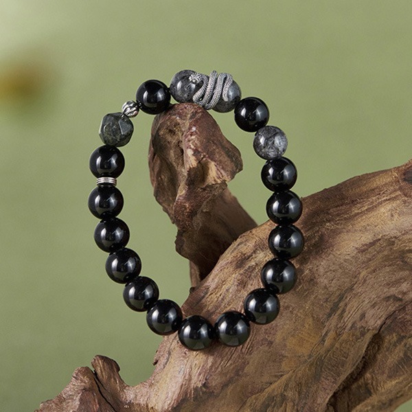 《QBOX 》FASHION 飾品【SB24731】 精緻個性純銀墨蛇纏繞黑曜石黑髮晶串珠手鍊/手環-細節圖5