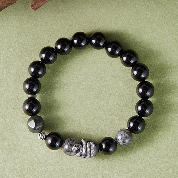 《QBOX 》FASHION 飾品【SB24731】 精緻個性純銀墨蛇纏繞黑曜石黑髮晶串珠手鍊/手環-細節圖6