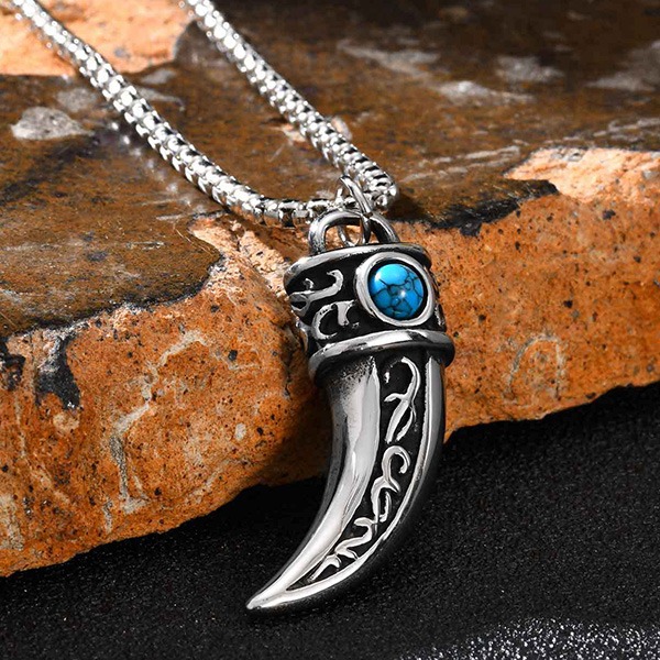 《 QBOX 》FASHION 飾品【GPN-2233】精緻個性松石狼獠牙紋理鈦鋼墬子項鍊/吊墬-細節圖3