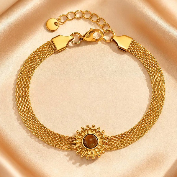 《 QBOX 》FASHION 飾品【GBR-2868】 精緻個性金色太陽虎眼石網狀鈦鋼手鍊/手環-細節圖3