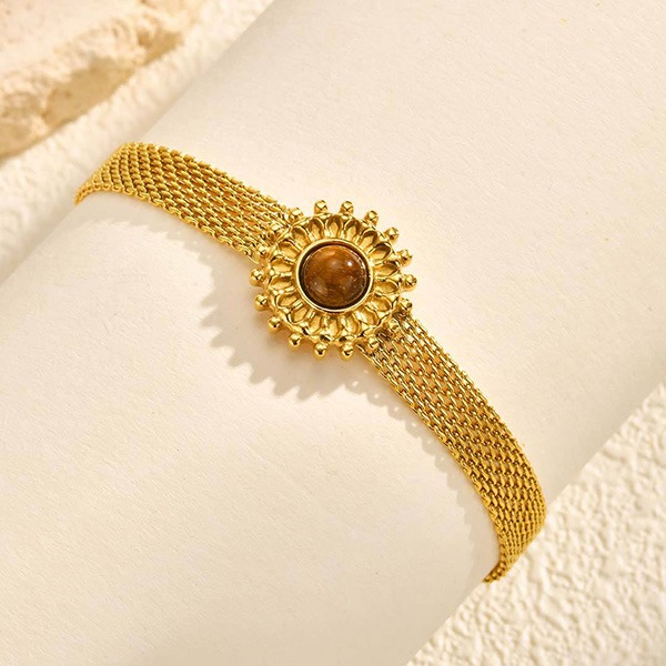 《 QBOX 》FASHION 飾品【GBR-2868】 精緻個性金色太陽虎眼石網狀鈦鋼手鍊/手環-細節圖5