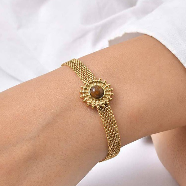 《 QBOX 》FASHION 飾品【GBR-2868】 精緻個性金色太陽虎眼石網狀鈦鋼手鍊/手環-細節圖6