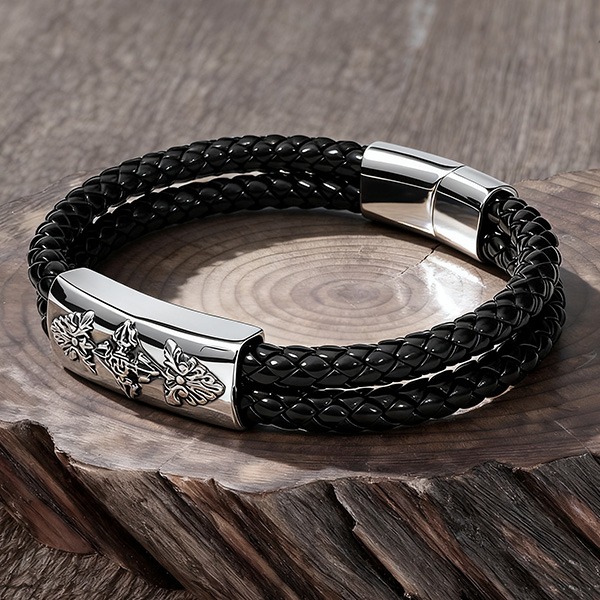 《 QBOX 》FASHION 飾品【LBC-L041】 精緻個性宗教十字金剛杵圖騰編織皮革鈦鋼磁扣頭手鍊/手環-細節圖5