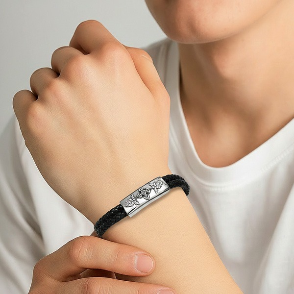 《 QBOX 》FASHION 飾品【LBC-L041】 精緻個性宗教十字金剛杵圖騰編織皮革鈦鋼磁扣頭手鍊/手環-細節圖8