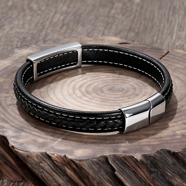 《 QBOX 》FASHION 飾品【LBC-L042】 精緻個性宗教金剛杵護持圖騰編織皮革鈦鋼磁扣頭手鍊/手環-細節圖5