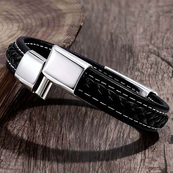 《 QBOX 》FASHION 飾品【LBC-L042】 精緻個性宗教金剛杵護持圖騰編織皮革鈦鋼磁扣頭手鍊/手環-細節圖6