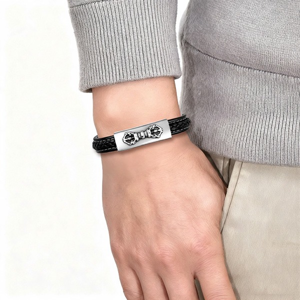 《 QBOX 》FASHION 飾品【LBC-L042】 精緻個性宗教金剛杵護持圖騰編織皮革鈦鋼磁扣頭手鍊/手環-細節圖7