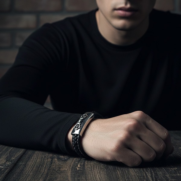 《 QBOX 》FASHION 飾品【LBC-L042】 精緻個性宗教金剛杵護持圖騰編織皮革鈦鋼磁扣頭手鍊/手環-細節圖8