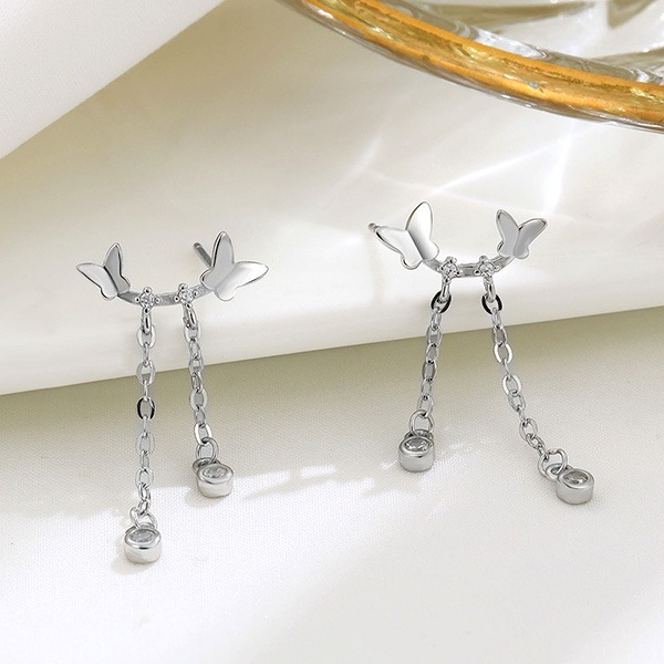《 QBOX 》FASHION 飾品【ED135】秀氣雙蝴蝶流蘇鑲鑽純銀耳環/耳飾(一對)-細節圖3