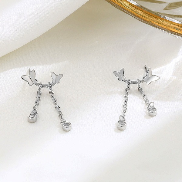 《 QBOX 》FASHION 飾品【ED135】秀氣雙蝴蝶流蘇鑲鑽純銀耳環/耳飾(一對)-細節圖4