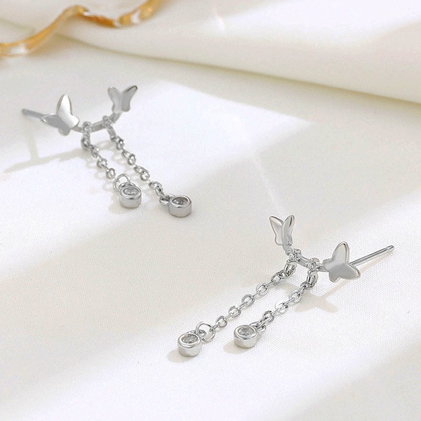 《 QBOX 》FASHION 飾品【ED135】秀氣雙蝴蝶流蘇鑲鑽純銀耳環/耳飾(一對)-細節圖5