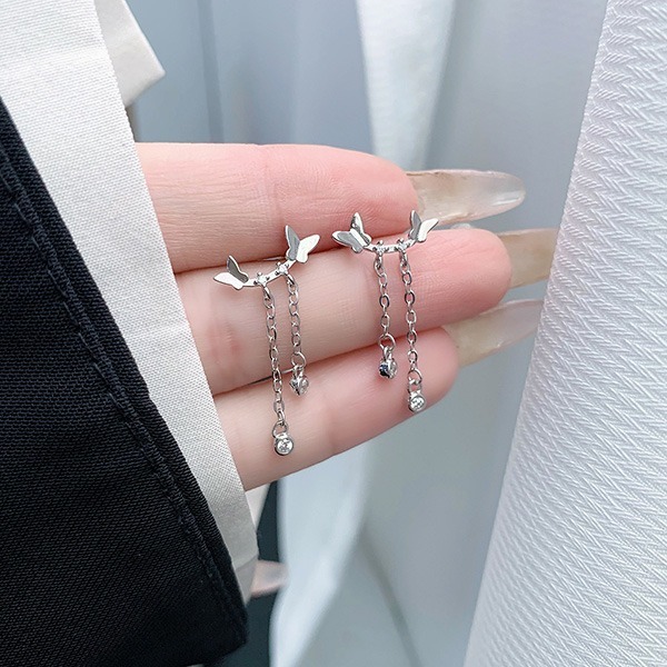 《 QBOX 》FASHION 飾品【ED135】秀氣雙蝴蝶流蘇鑲鑽純銀耳環/耳飾(一對)-細節圖7