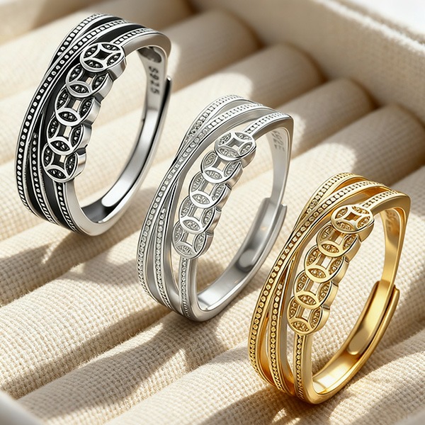 《 QBOX 》FASHION 飾品【RSYJ267】精緻個性復古銅錢多圈財纏開口純銀戒指/戒環(三色)-細節圖4