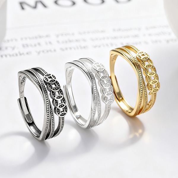 《 QBOX 》FASHION 飾品【RSYJ267】精緻個性復古銅錢多圈財纏開口純銀戒指/戒環(三色)-細節圖5