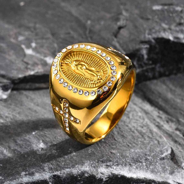 《 QBOX 》FASHION 飾品【GRC-959】精緻個性聖母十字架滿鑽鈦鋼戒指/戒環-細節圖4