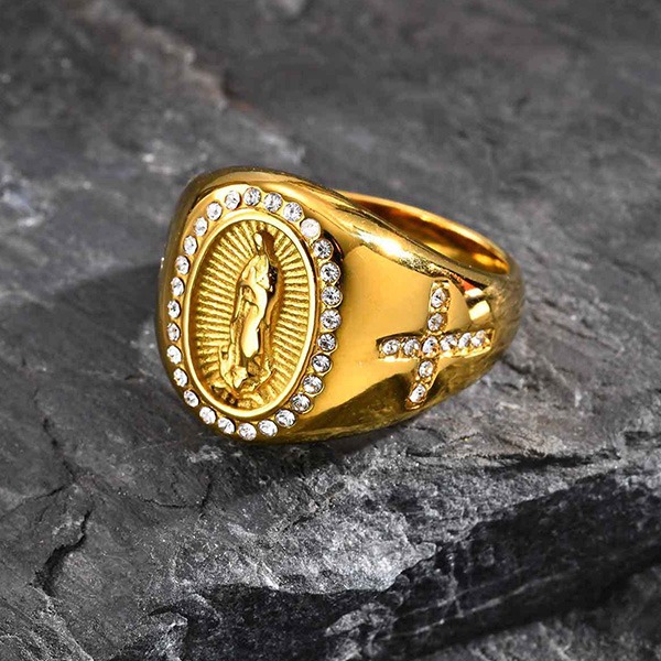 《 QBOX 》FASHION 飾品【GRC-959】精緻個性聖母十字架滿鑽鈦鋼戒指/戒環-細節圖5