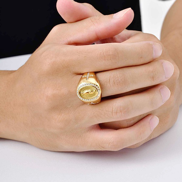 《 QBOX 》FASHION 飾品【GRC-959】精緻個性聖母十字架滿鑽鈦鋼戒指/戒環-細節圖7