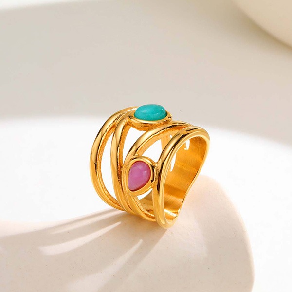 《 QBOX 》FASHION 飾品【GRC-878G】精緻個性法式金色多層纏繞鑲天河石鈦鋼戒指/戒環-細節圖4